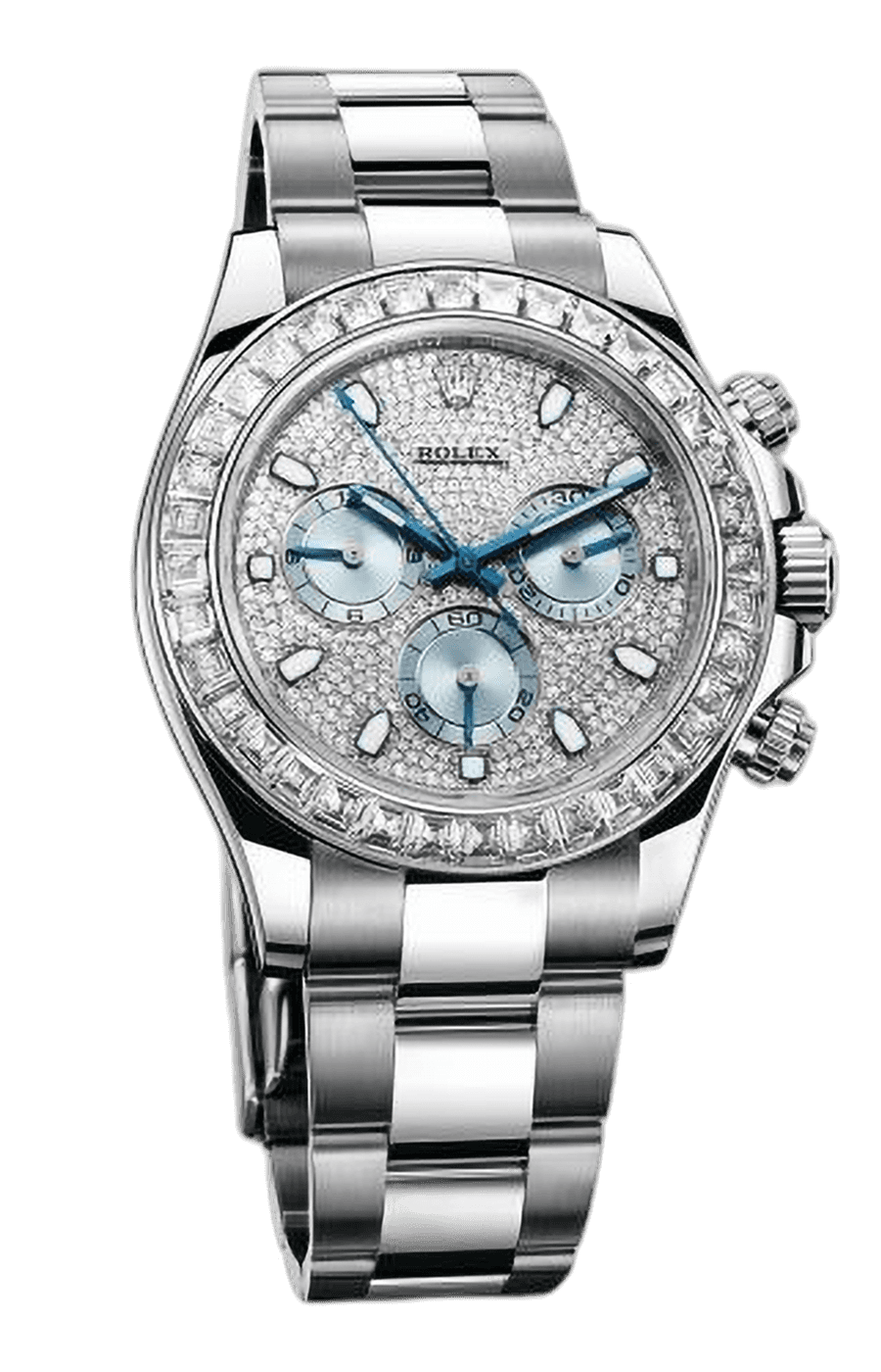 Rolex Cosmograph Daytona Platinum Diamond Pave Blue Index Dial Baguette Diamond Bezel - Pre-OwnedRef. 116576TBR