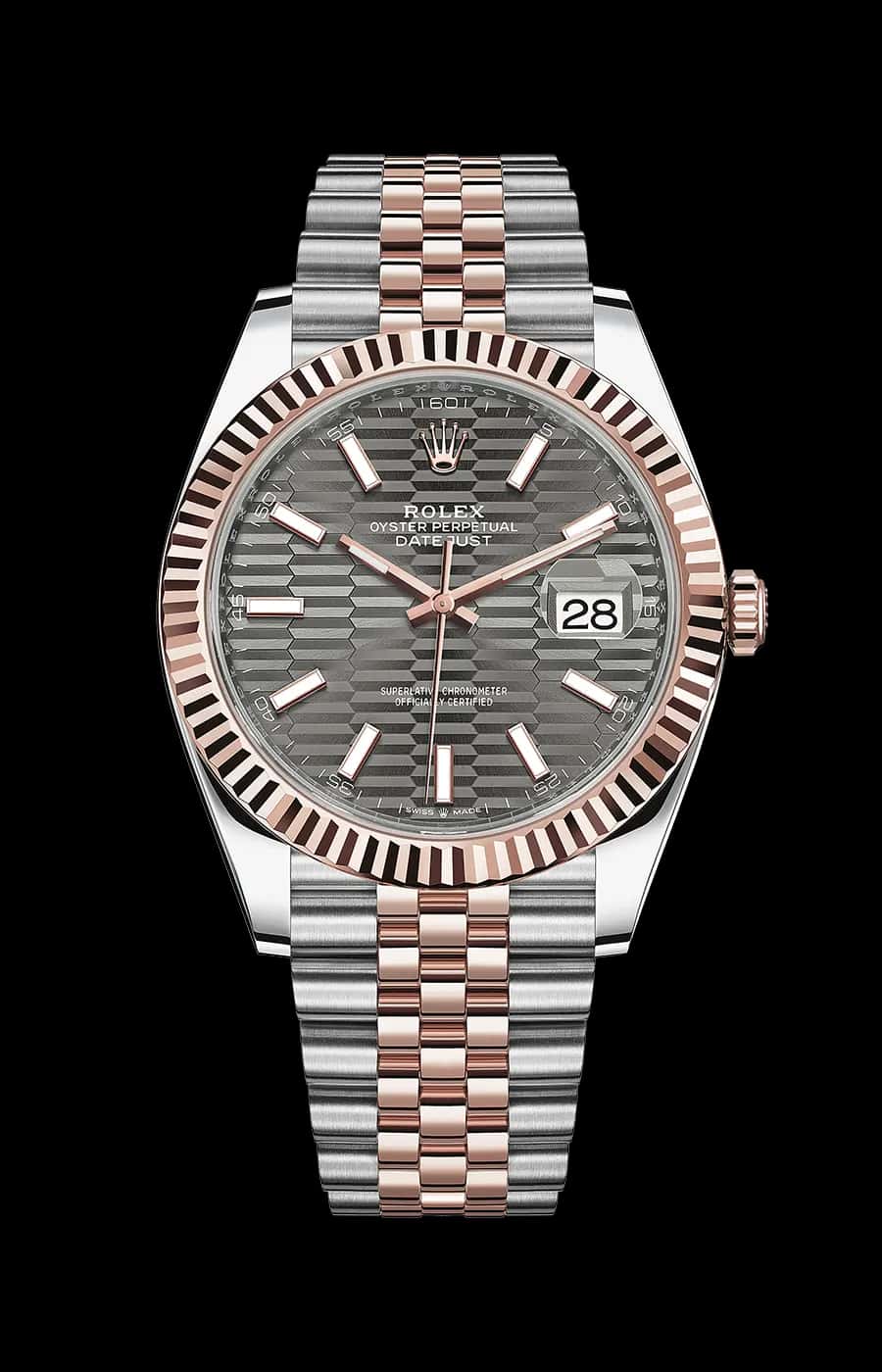 Rolex Datejust 41mm Grey Motif Dial Oyster Stainless Steel & Rose Gold Fluted Bezel Ref. 126331-0020