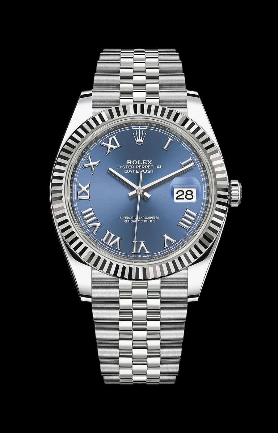 Rolex Datejust 41mm Azzuro Blue Roman Dial Jubilee Stainless Steel Automatic Fluted Bezel Ref. 126334-0026