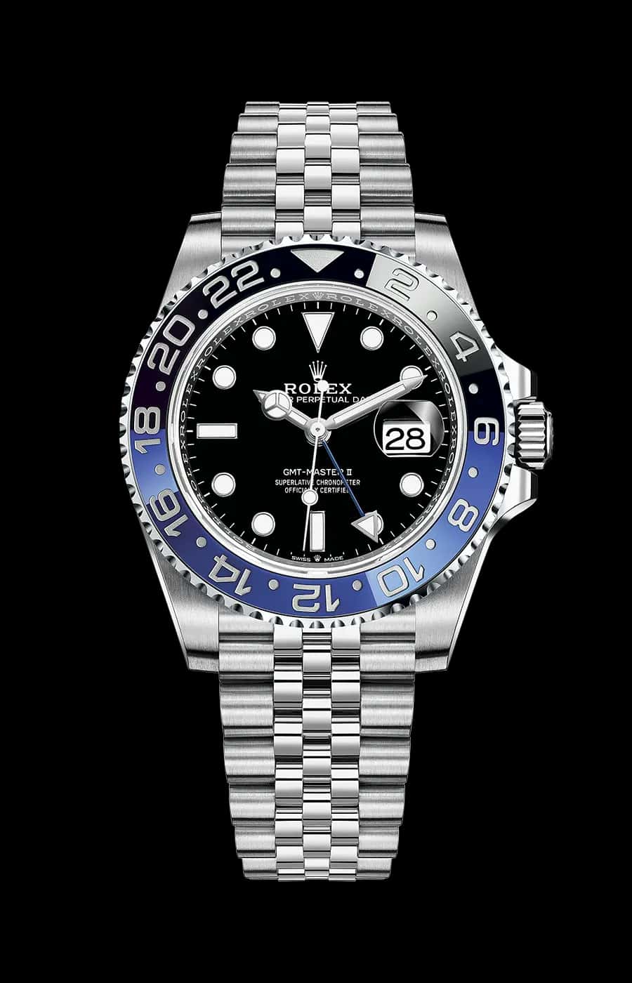 Rolex GMT Master II 'Batgirl' Stainless Steel 40mm Automatic Jubilee Black Dial Blue and Black Ceramic Bezel
Ref. 126710BLNR-0002