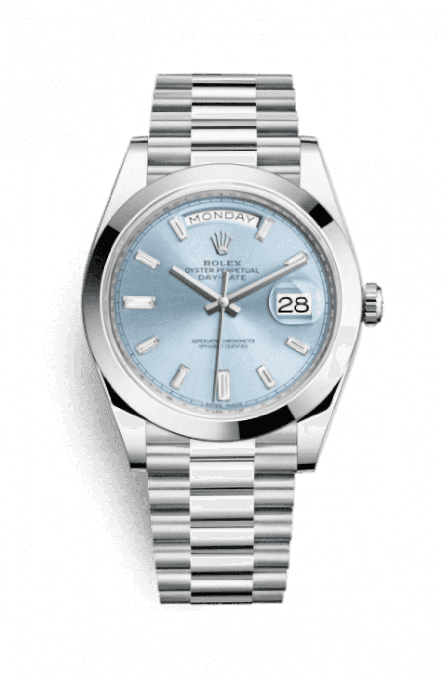 Rolex Day-Date 40 Platinum Presidential Bracelet Ice Blue Baguette Dial
Ref. 228206-0002