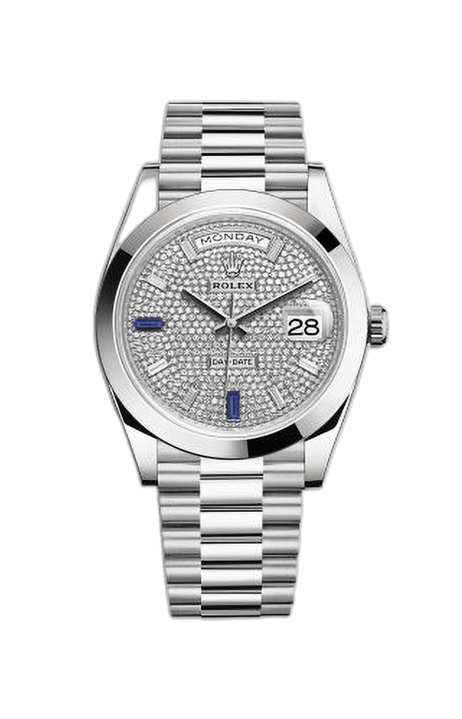 Rolex Day-Date 40 Platinum Presidential Bracelet Diamond Paved Baguette & Blue Sapphire Dial
Ref. 228206-0029