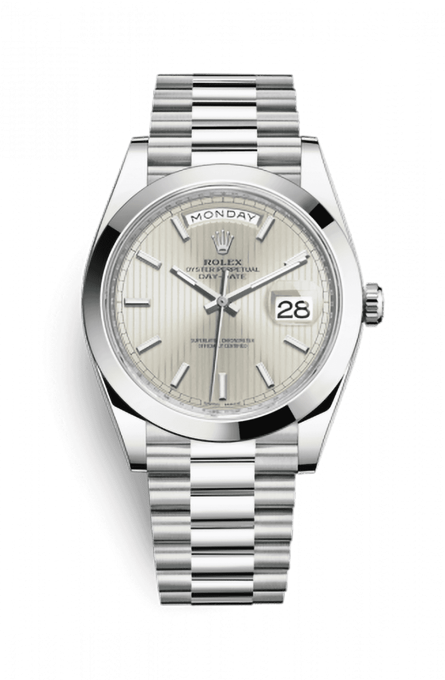 Rolex Day-Date 40 Platinum Presidential Bracelet Silver Stripe Tuxedo Dial
Ref. 228206-0034