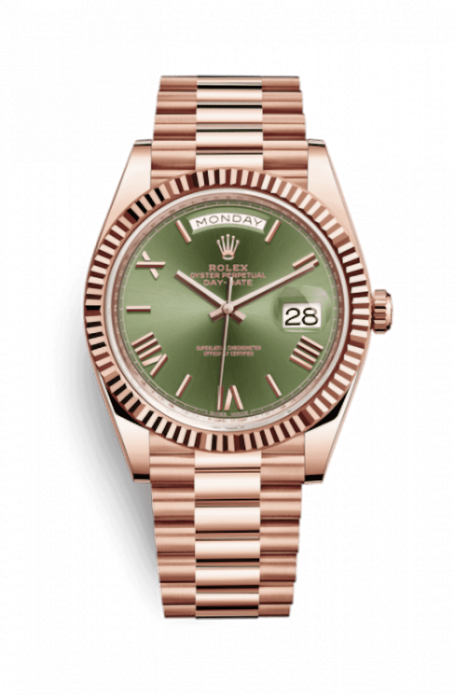Rolex Day-Date 40 Rose Gold Presidential Bracelet Olive Green Roman Dial Fluted Bezel 
Ref. 228235-GRNRP