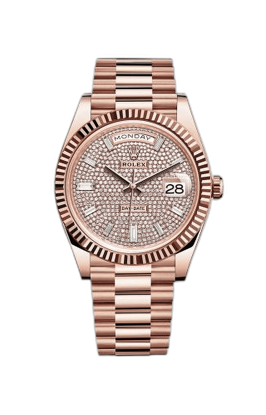 Rolex Day-Date 40 Rose Gold Presidential Bracelet Diamond Pave Dial w/ Baguette Hour Markers Fluted Bezel
Ref. 228235-0036
