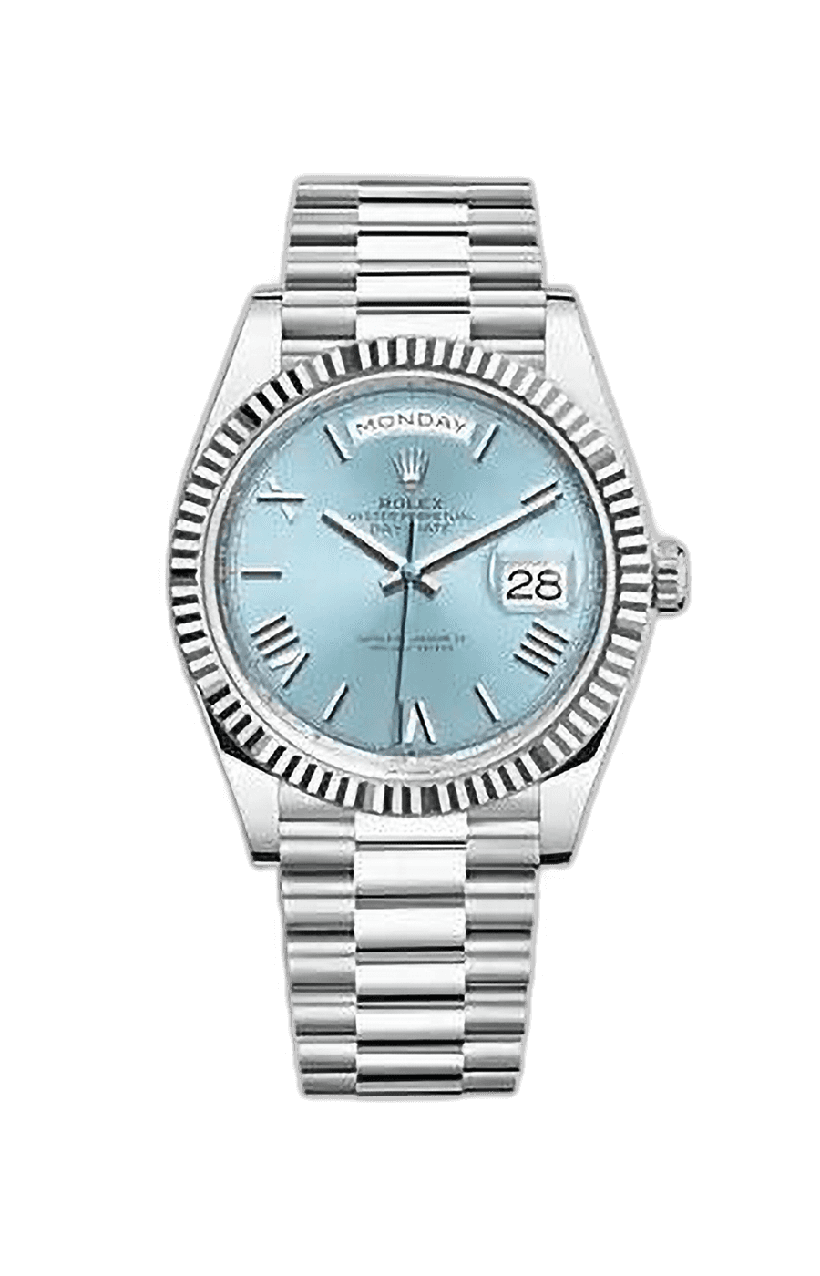 Rolex Day-Date 40 Platinum Presidential Bracelet Ice Blue Roman Dial Fluted Bezel
Ref. 228236-0012