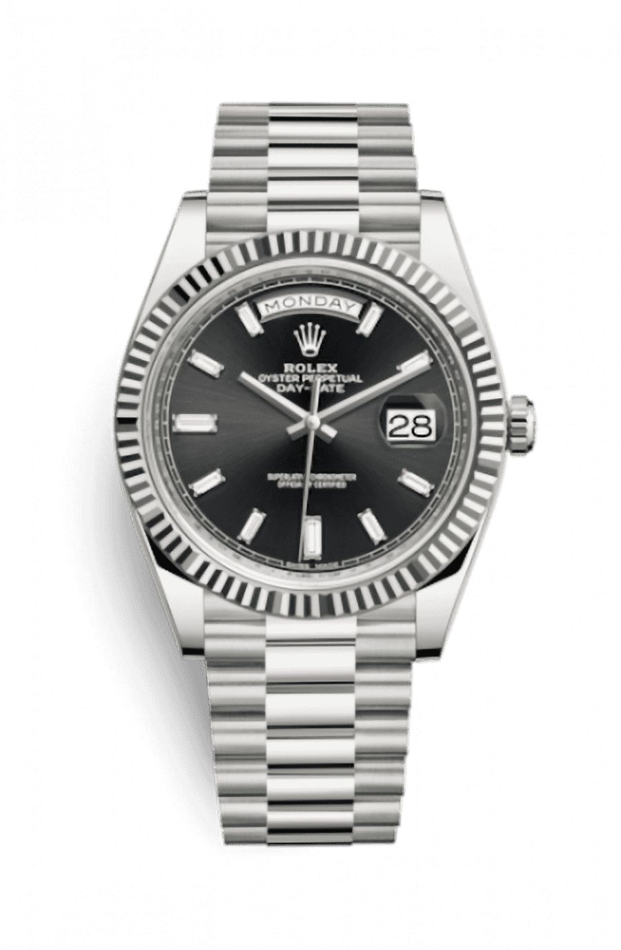 Rolex Day-Date 40 White Gold Presidential Bracelet Sunburst Black Baguette Diamond DialRef. 228239-0005