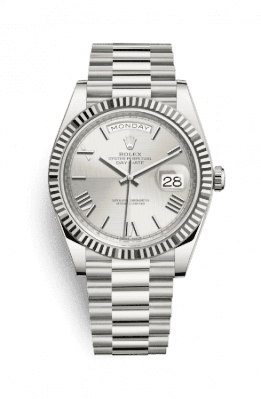 Rolex Day-Date 40 White Gold Presidential Bracelet Sunburst Silver Quadrant Motif Dial
Ref. 228239-0006
