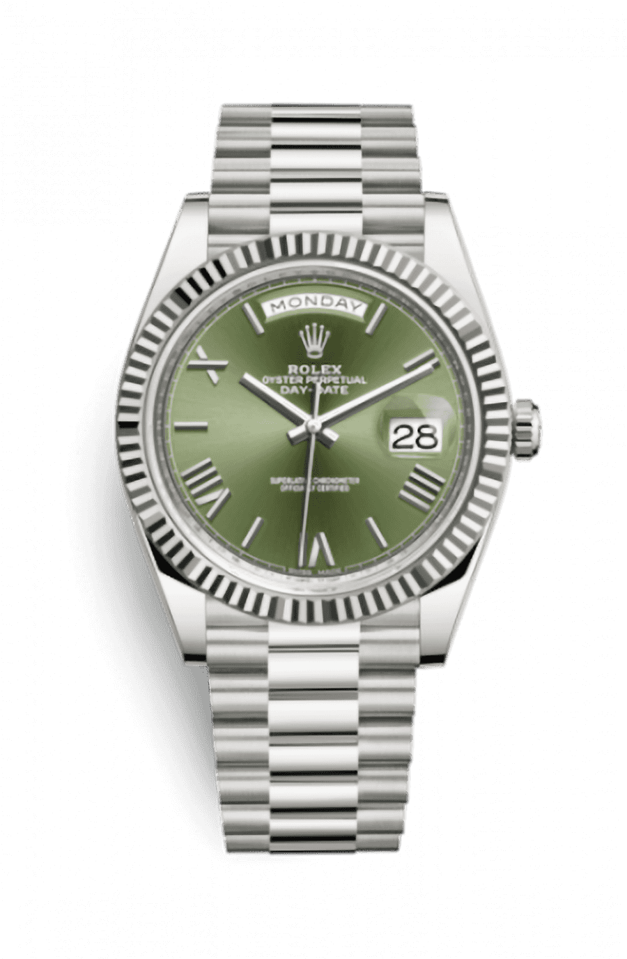 Rolex Day-Date 40 White Gold Presidential Bracelet Anniversary Olive Green Roman Dial 
Ref. 228239-0033