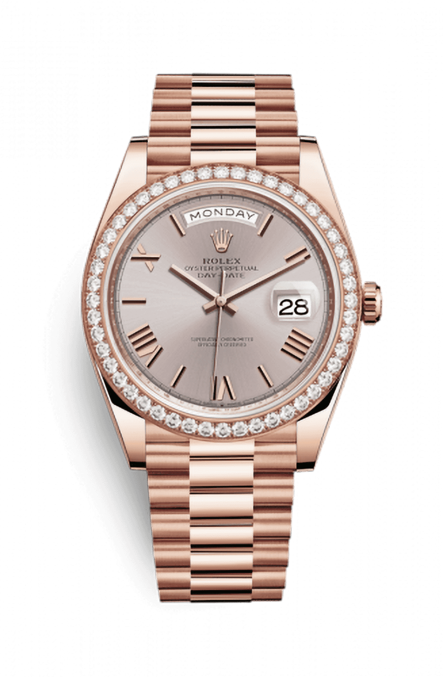 Rolex Day-Date 40 Rose Gold Presidential Bracelet Sundust Silver Roman Dial Diamond Bezel
Ref. 228345RBR-0008