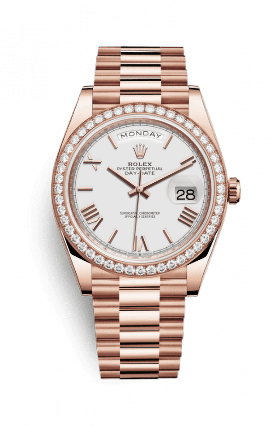 Rolex Day-Date 40 Rose Gold Presidential Bracelet White Roman Dial Diamond Bezel
Ref. 228345RBR-0012
