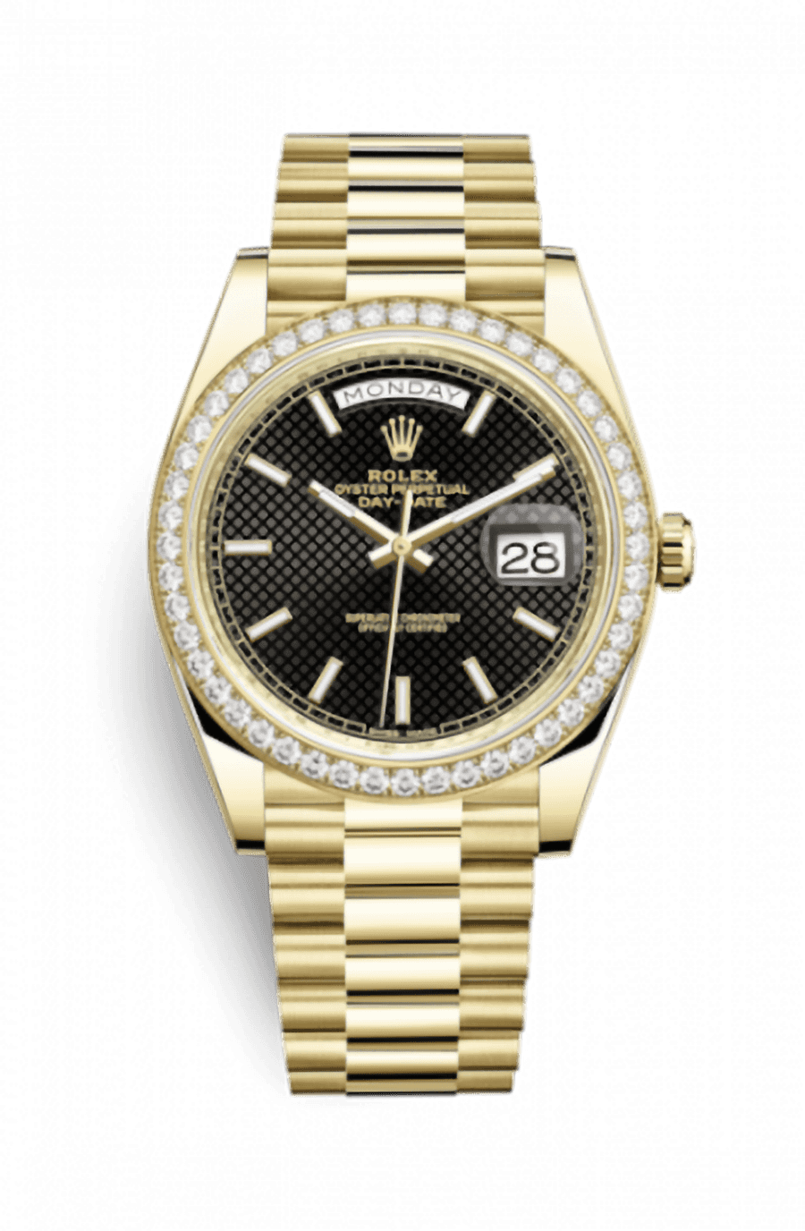 Rolex Day-Date 40 Yellow Gold Presidential Bracelet Black Motif Index Dial Diamond Bezel
Ref. 228348RBR-0004