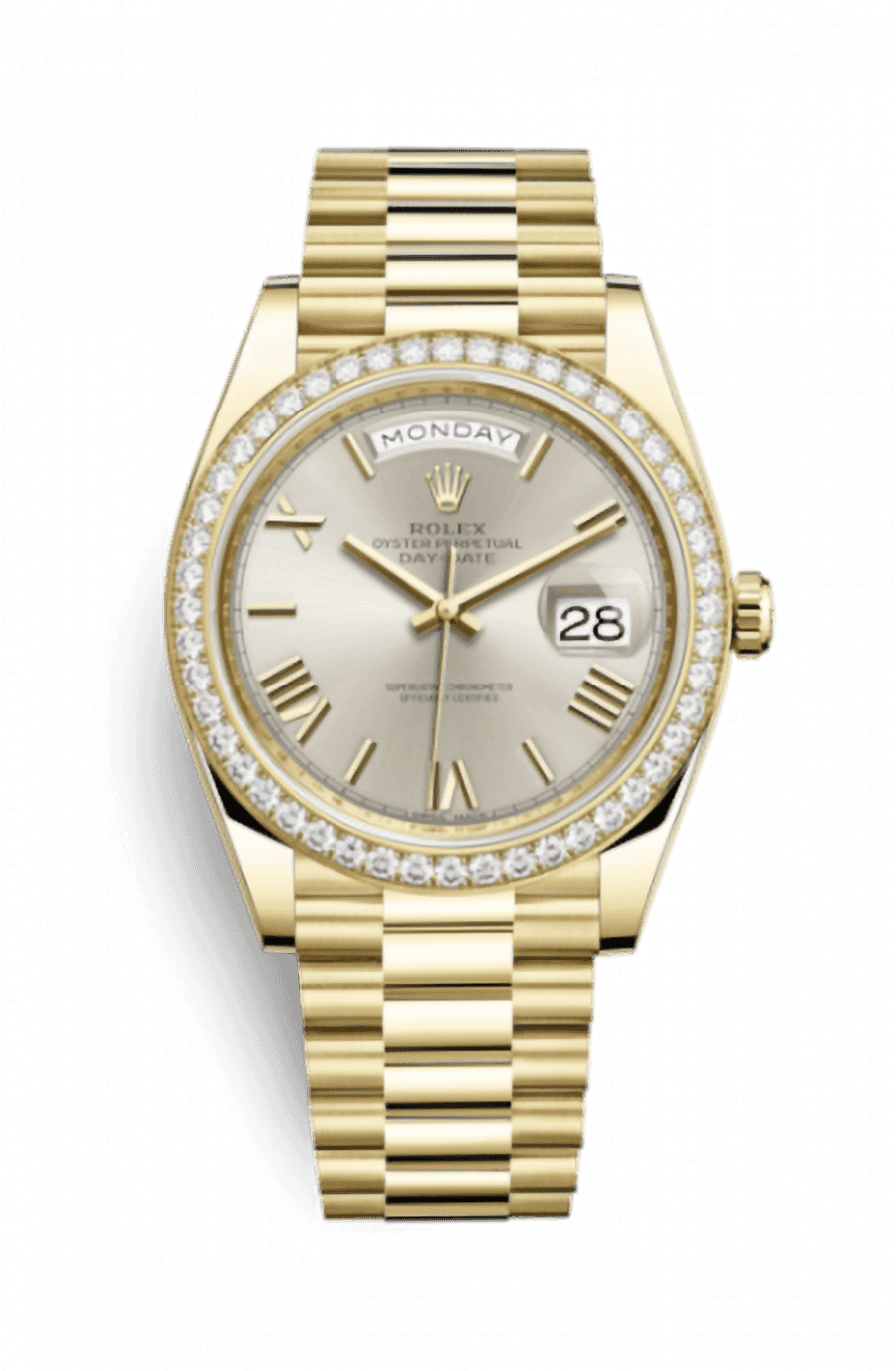 Rolex Day-Date 40 Yellow Gold Presidential Bracelet Sunburst Silver Roman Dial Diamond Bezel
Ref. 228348RBR-0007