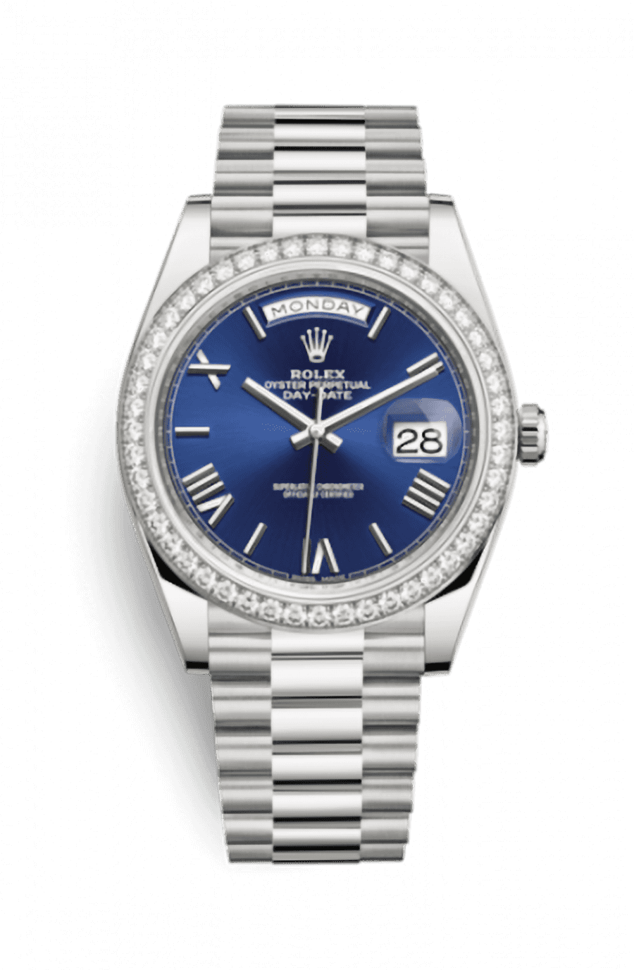 Rolex Day-Date 40 White Gold Presidential Bracelet Sunburst Blue Roman Dial Diamond Bezel
Ref. 228349RBR-0005