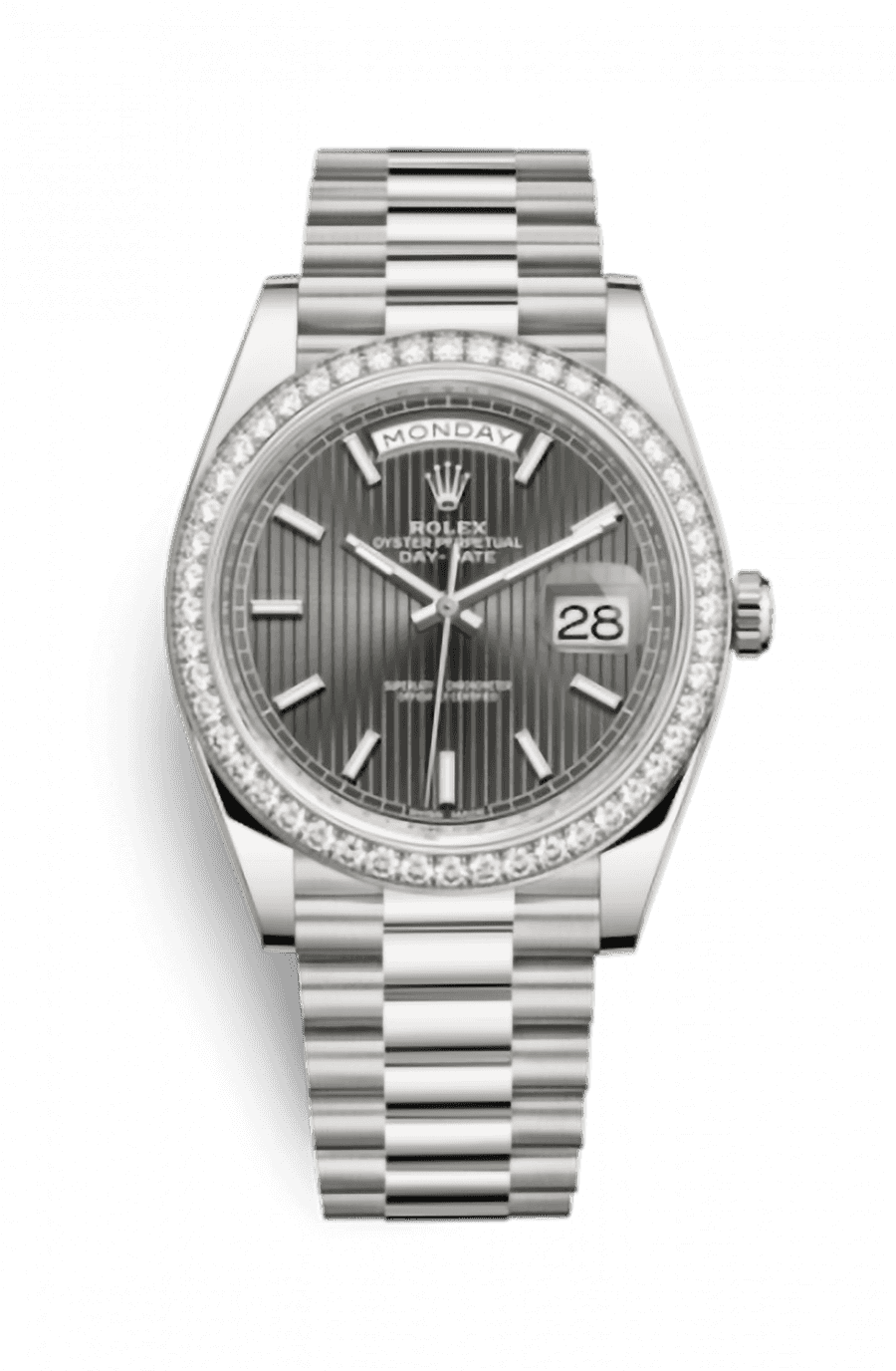 Rolex Day-Date 40 White Gold Presidential Bracelet Grey Index Tuxido Motif Dial Diamond Bezel
Ref. 228349RBR-0008