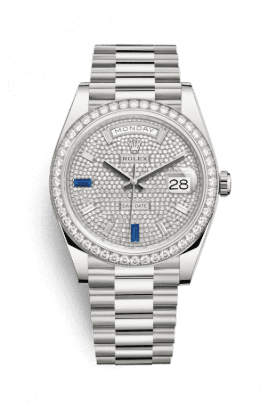 Rolex Day-Date 40 White Gold Presidential Bracelet Diamond Pave White Baguette & Blue Sapphire Dial Diamond Bezel
Ref. 228349RBR-0036