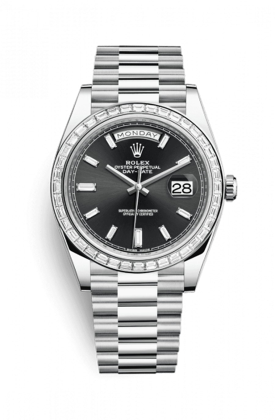 Rolex Day-Date 40 Platinum Presidential Bracelet Sunburst Black Baguette Dial Baguette Set Diamond Bezel
Ref. 228396TBR-0012