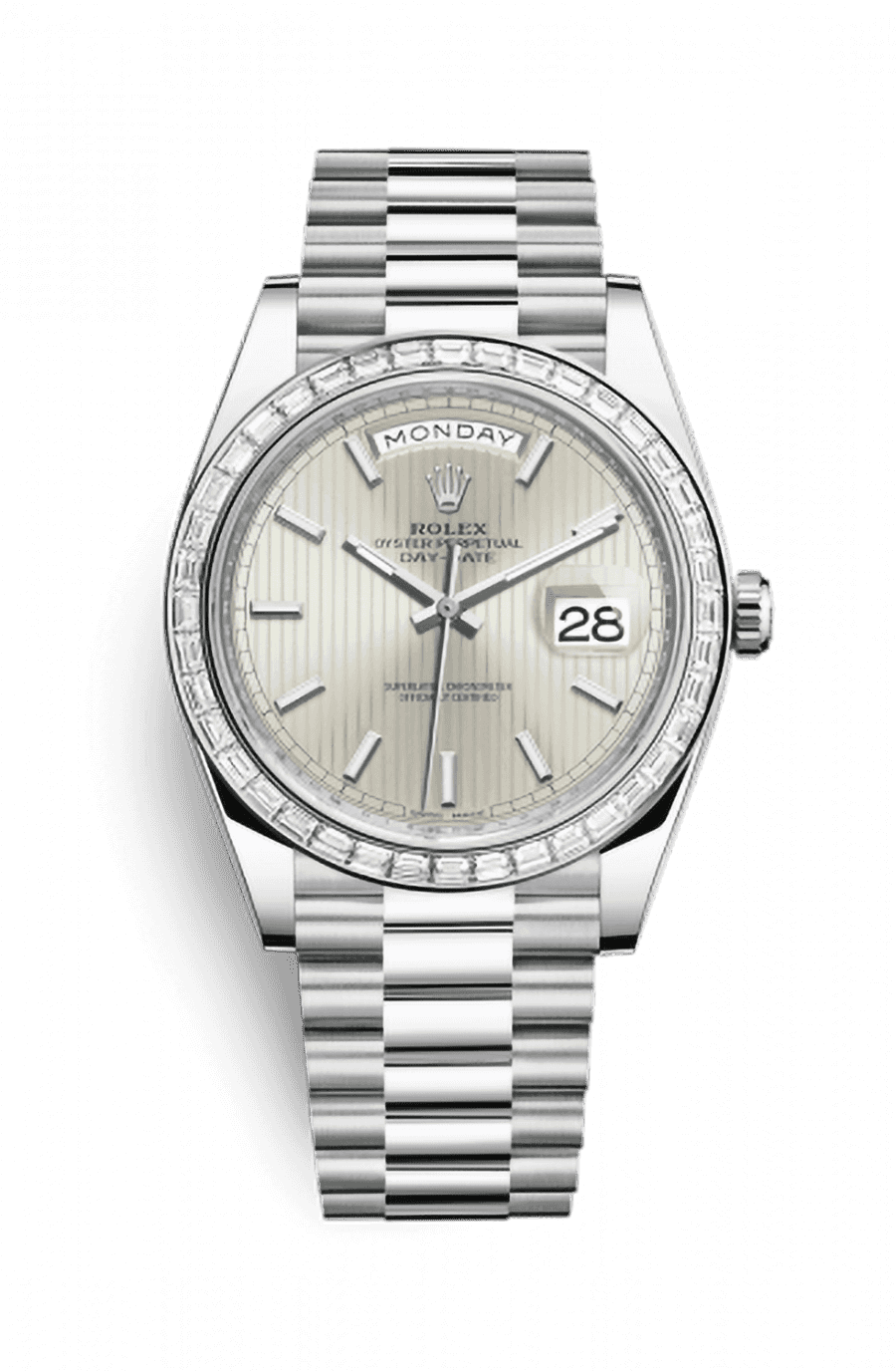 Rolex Day-Date 40 Platinum Presidential Bracelet Silver Tuxido Motif Dial Baguette Set Diamond Bezel
Ref. 228396TBR-0022