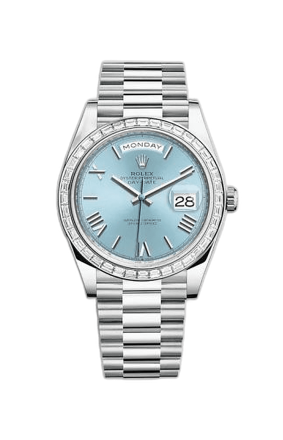 Rolex Day-Date 40 Platinum Presidential Bracelet Ice Blue Roman Dial Baguette Set Diamond Bezel
Ref. 228396TBR-0030