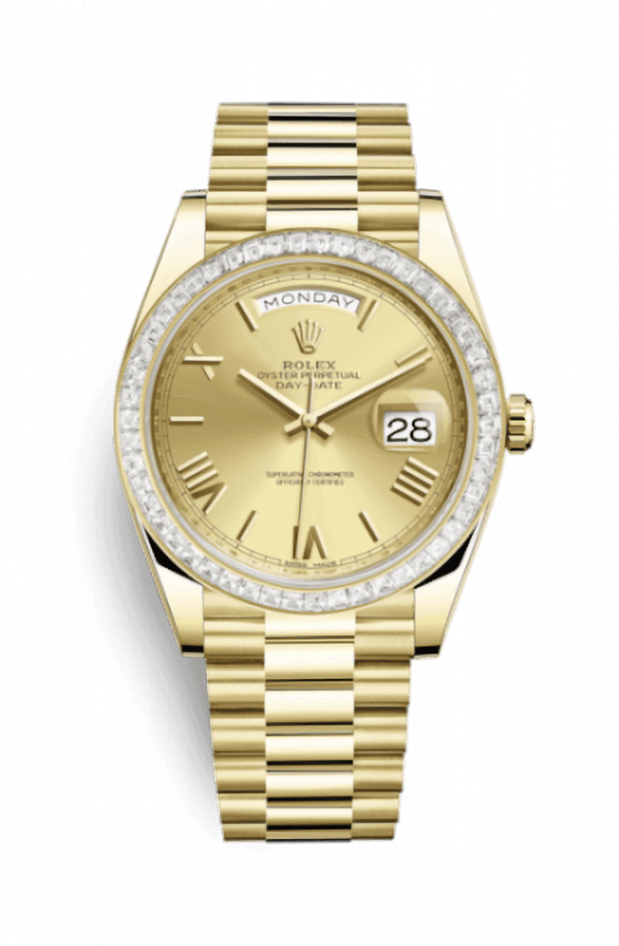 Rolex Day-Date 40 Yellow Gold Presidential Bracelet Champaign Roman Dial Baguette Set Diamond BezelRef. 228398TBR-0003