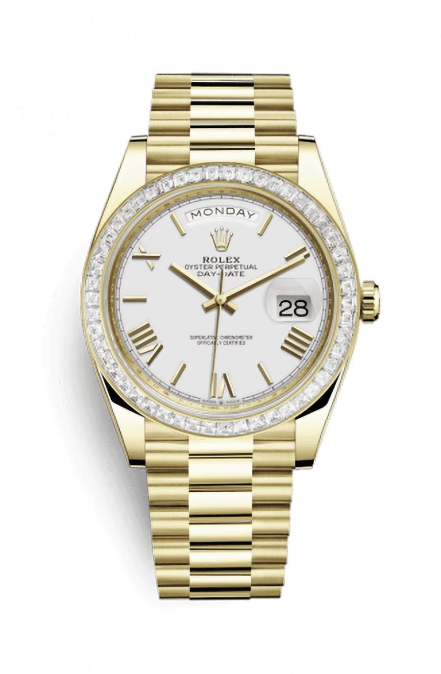 Rolex Day-Date 40 Yellow Gold Presidential Bracelet White Roman Dial Baguette BezelRef. 228398TBR-0033