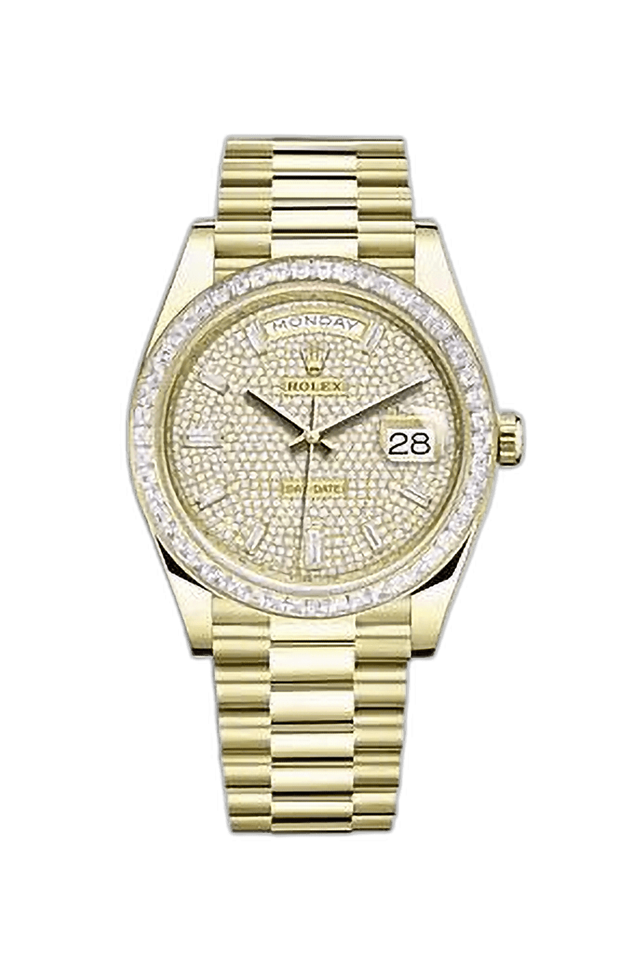 Rolex Day-Date 40 Yellow Gold Presidential Bracelet Diamond Pave Baguette Dial Baguette Set Diamond Bezel
Ref. 228398TBR-0036