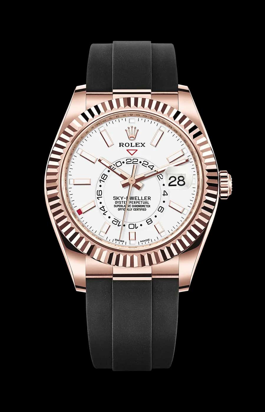 Rolex Sky-Dweller Rose Gold White Index Dial Oysterflex Fluted Bezel
Ref. 326235-0004