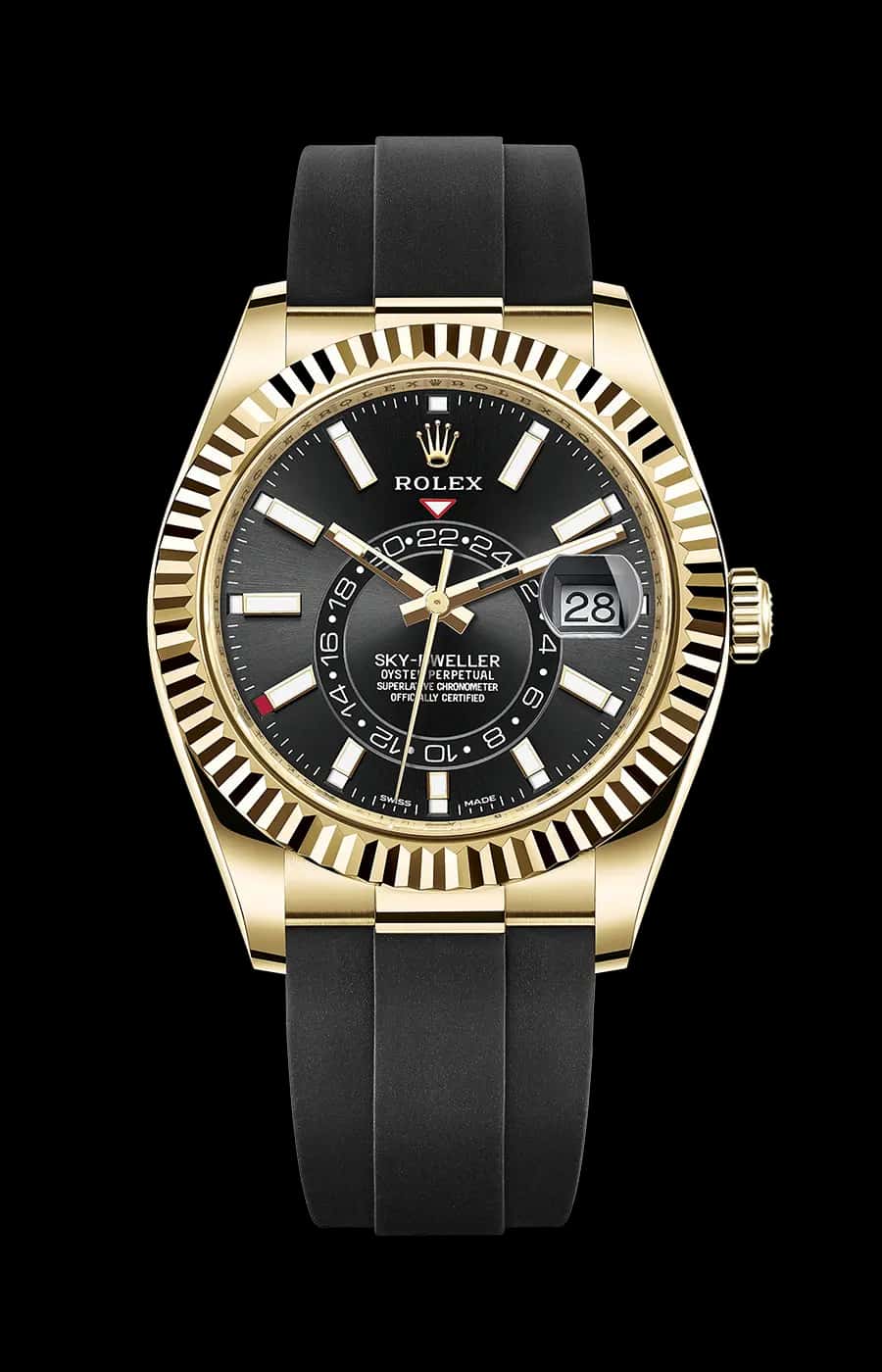 Rolex Sky-Dweller Yellow Gold Black Index Dial Oysterflex Fluted Bezel
Ref. 326238-0009