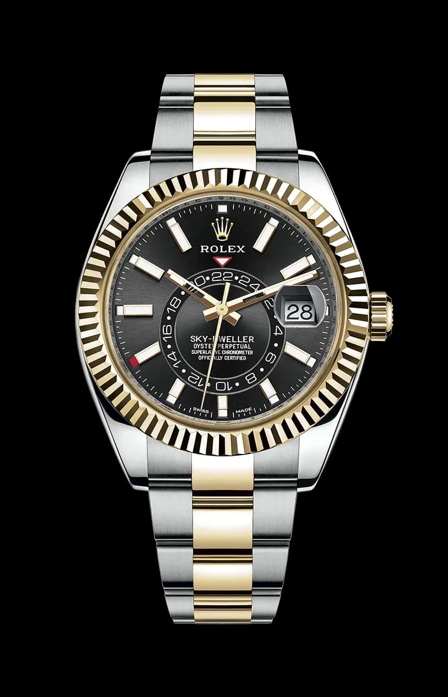 Rolex Sky-Dweller Yellow Gold and Stainless Steel Black Index Dial Oyster Fluted Bezel
Ref. 326933-0002