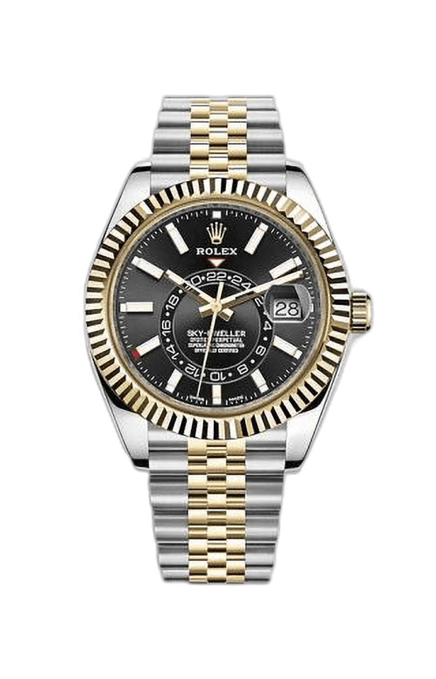 Rolex Sky-Dweller Yellow Gold and Stainless Steel Black Index Dial Jubilee Fluted Bezel
Ref. 326933-0005