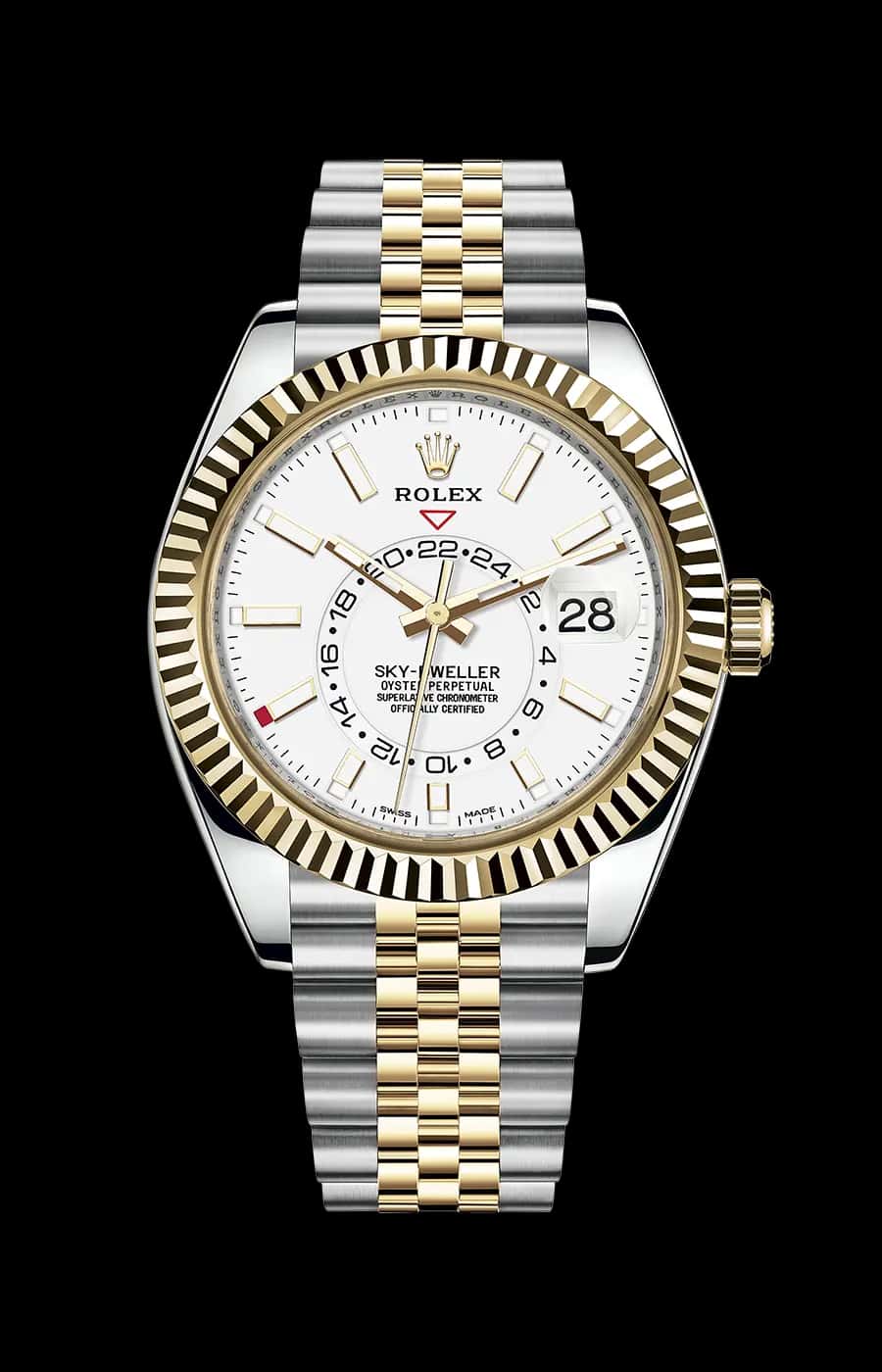 Rolex Sky-Dweller Yellow Gold and Stainless Steel White Index Dial Jubilee Fluted Bezel
Ref. 326933-0010