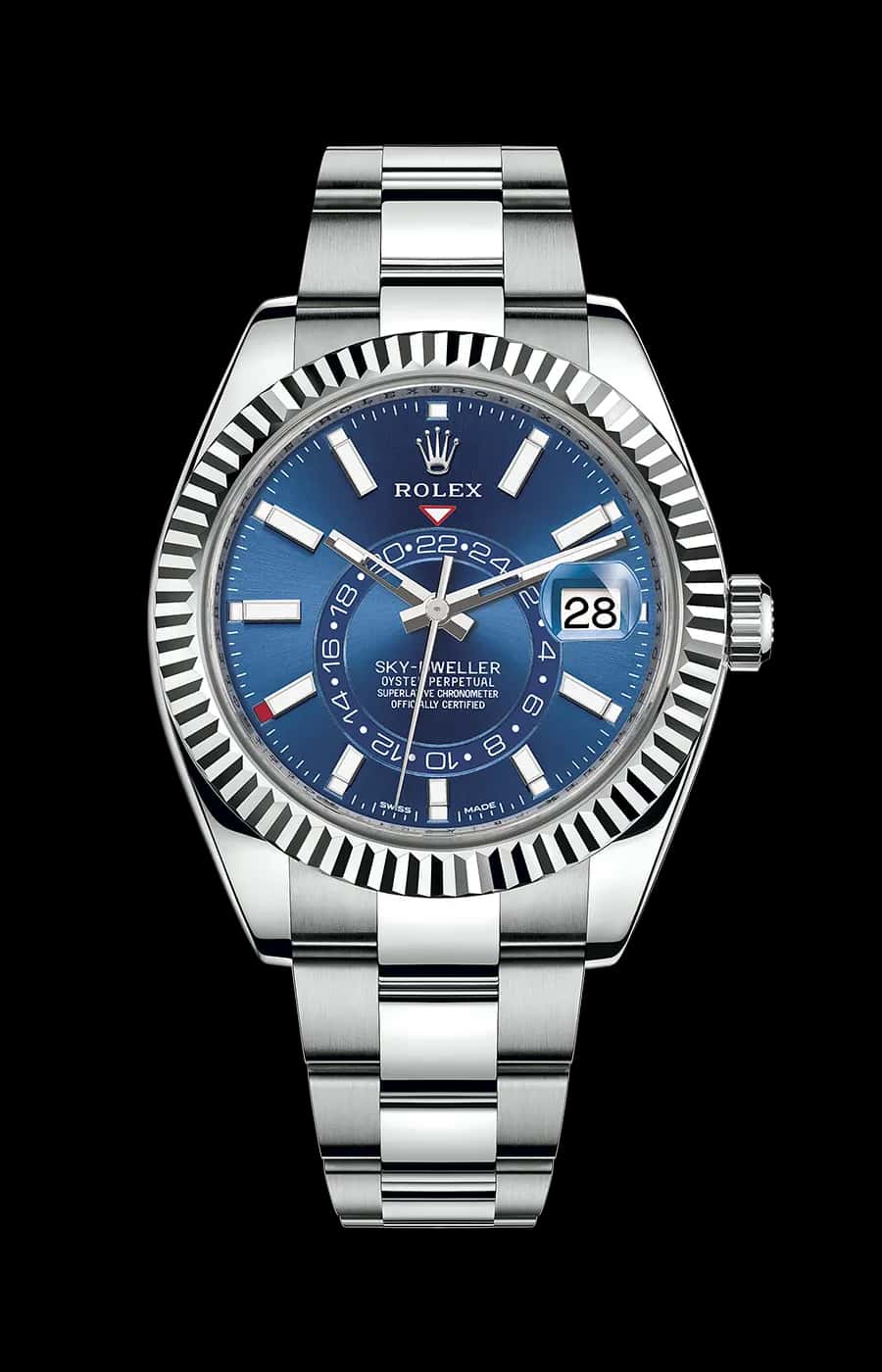 Rolex Sky-Dweller Stainless Steel Blue Index Dial Oyster Fluted Bezel
Ref. 326934-0003