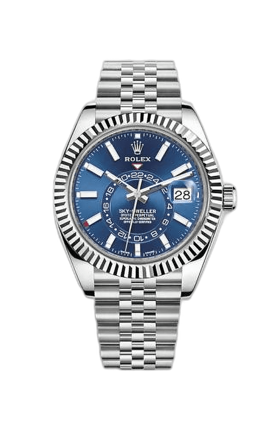 Rolex Sky-Dweller Stainless Steel Blue Index Dial Jubilee Fluted Bezel
Ref. 326934-0004