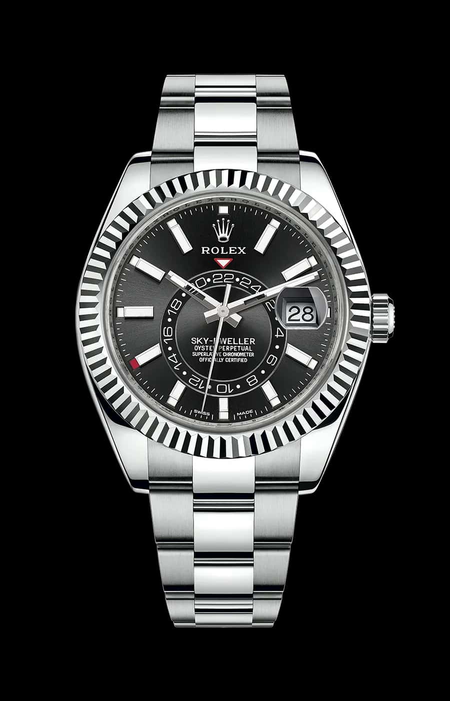 Rolex Sky-Dweller Stainless Steel Black Index Dial Oyster Fluted Bezel
Ref. 326934-0005