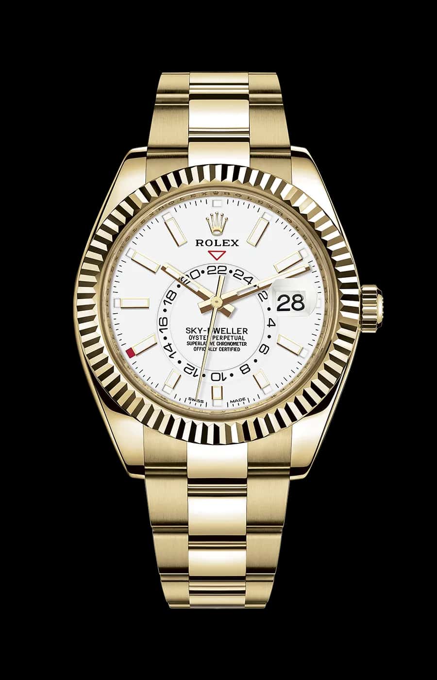 Rolex Sky-Dweller Yellow Gold White Index Dial Oyster Fluted Bezel
Ref. 326938-0005