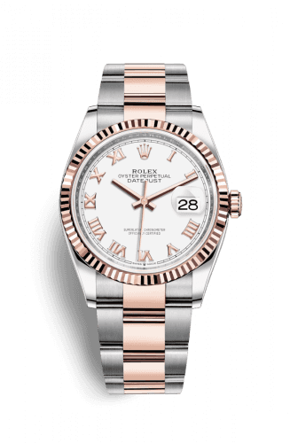 Rolex Datejust 36 Stainless Steel and Rose Gold White Roman Dial Oyster Fluted Bezel
Ref. 126231-0016