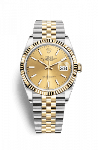 Rolex Datejust 36 Stainless Steel and Yellow Gold Champagne Index Dial Jubilee Fluted Bezel
Ref. 126233-0015