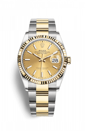 Rolex Datejust 36 Stainless Steel and Yellow Gold Champagne Index Dial Oyster Fluted Bezel
Ref. 126233-0016