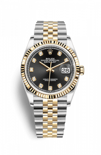 Rolex Datejust 36 Stainless Steel and Yellow Gold Black Diamond Dial Jubilee Fluted Bezel
Ref. 126233-0021