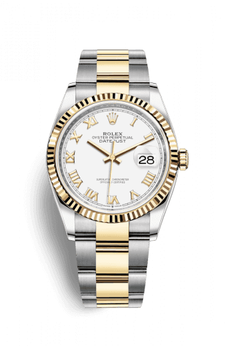 Rolex Datejust 36 Stainless Steel and Yellow Gold White Roman Dial Oyster Fluted Bezel
Ref. 126233-0030