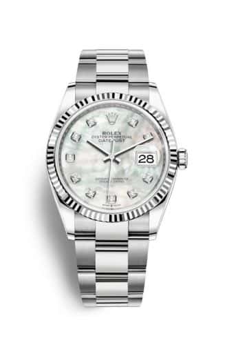 Rolex Datejust 36 Stainless Steel White Mother Of Pearl Diamond Dial Oyster Fluted Bezel
Ref. 126234-0020