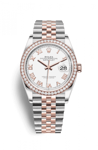 Rolex Datejust 36 Stainless Steel and Rose Gold White Roman Dial Jubilee Diamond Bezel
Ref. 126281RBR-0003