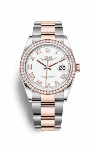 Rolex Datejust 36 Stainless Steel and Rose Gold White Roman Dial Oyster Diamond Bezel
Ref. 126281RBR-0004