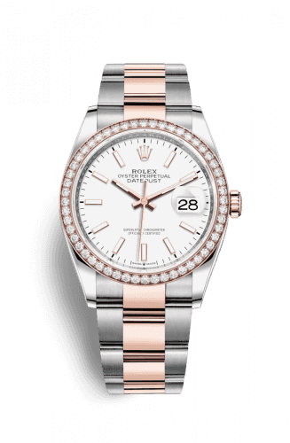 Rolex Datejust 36 Stainless Steel and Rose Gold White Index Dial Oyster Diamond Bezel
Ref. 126281RBR-0006