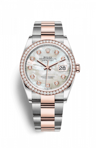 Rolex Datejust 36 Stainless Steel and Rose Gold White Mother Of Pearl Diamond Dial Oyster Diamond Bezel
Ref. 126281RBR-0010