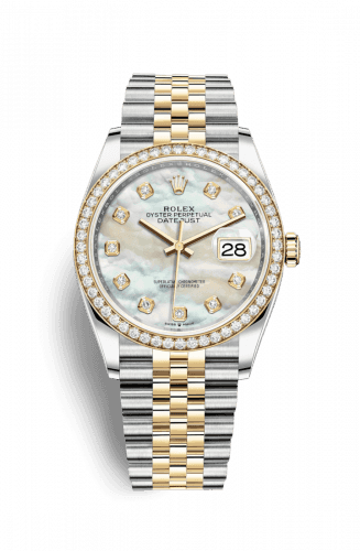 Rolex Datejust 36 Stainless Steel and Yellow Gold White Mother Of Pearl Diamond Dial Jubilee Diamond Bezel
Ref. 126283RBR-0009
