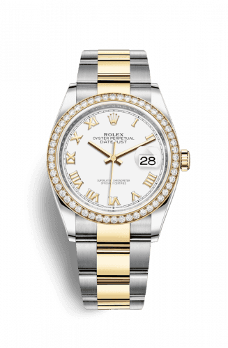 Rolex Datejust 36 Stainless Steel and Yellow Gold White Roman Dial Oyster Diamond Bezel
Ref. 126283RBR-0016