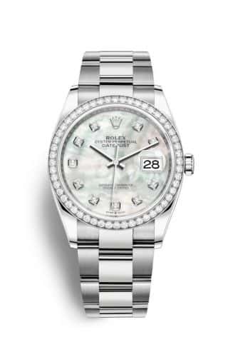 Rolex Datejust 36 Stainless Steel White Mother Of Pearl Diamond Dial Oyster Diamond Bezel
Ref. 126284RBR-0012