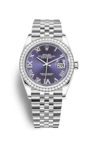 Rolex Datejust 36 Stainless Steel Purple Diamond VI IX Roman Dial Jubilee Diamond Bezel
Ref. 126284RBR-0013